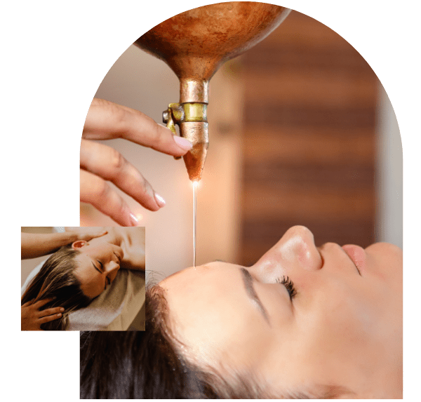 Shirodhara oil therapy on woman's forehead.