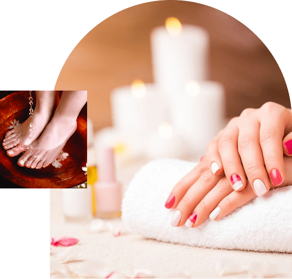 Manicure and pedicure with candles background.