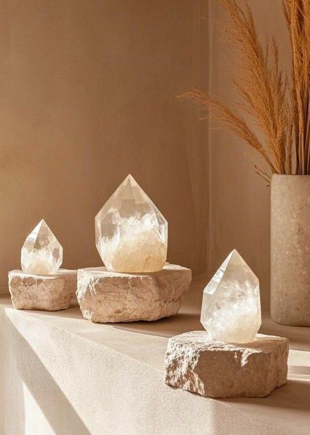 Crystals on stone slabs with pampas grass.